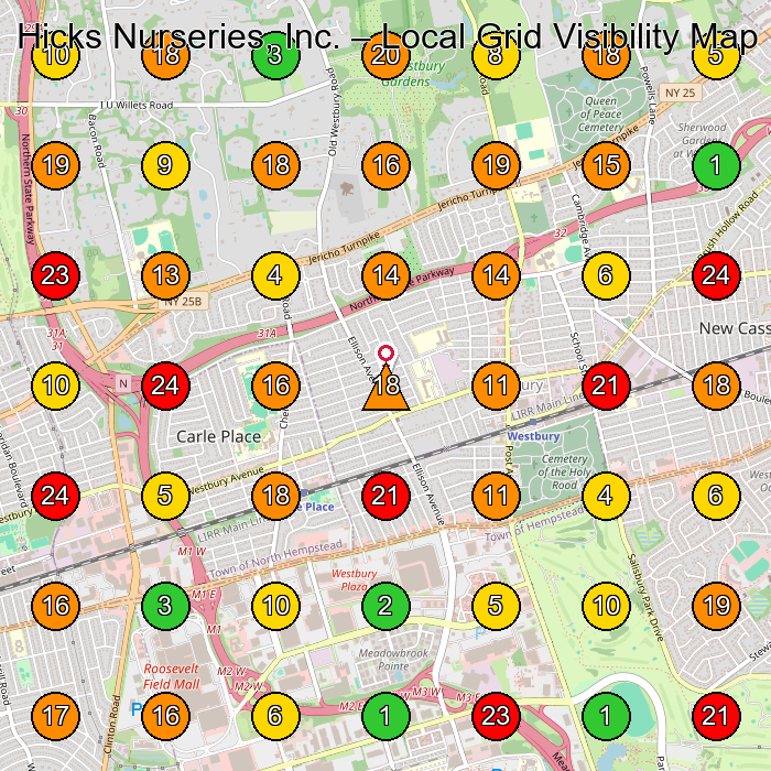 Hicks Nurseries, Inc. Plant Nursery GeoGrid ranking map for Westbury NY